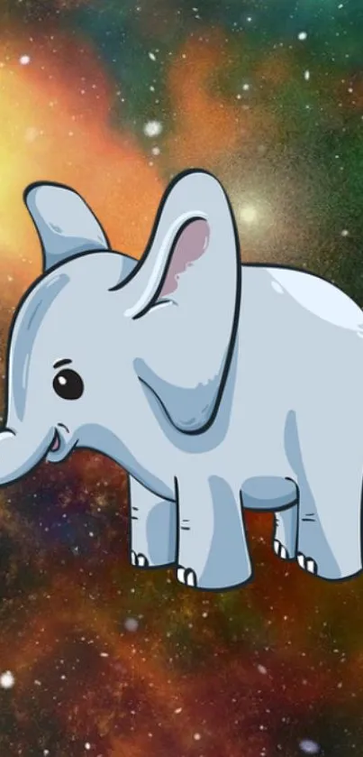 Cartoon elephant with a colorful space background wallpaper.