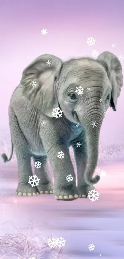 Cute elephant amidst snowflakes in a lavender winter scene.