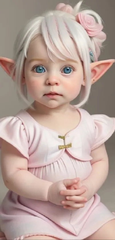 Adorable elf baby with large blue eyes in a soft pink dress.