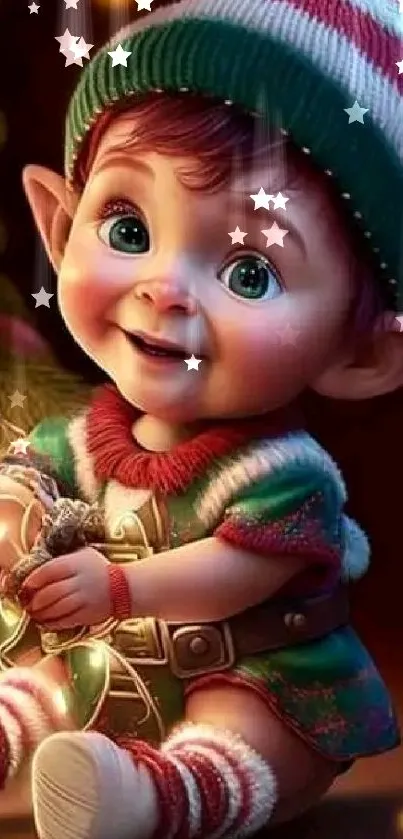 Cute elf with Christmas lights on mobile wallpaper.