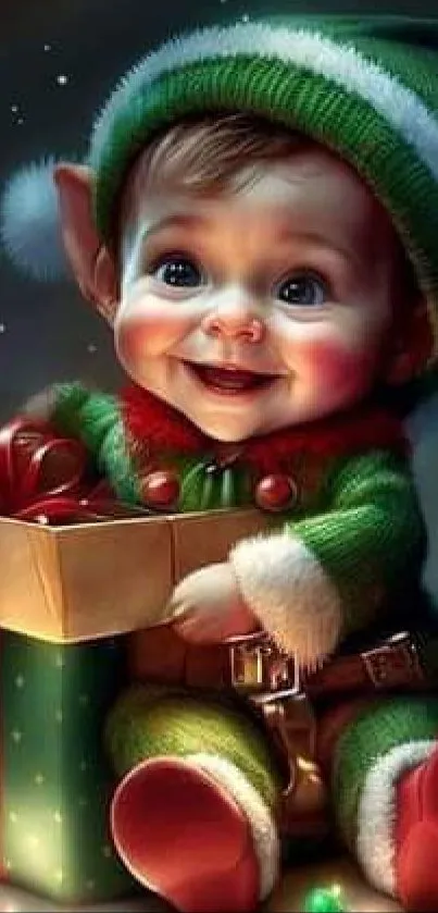 Adorable elf in green outfit holding a gift, surrounded by twinkling lights.