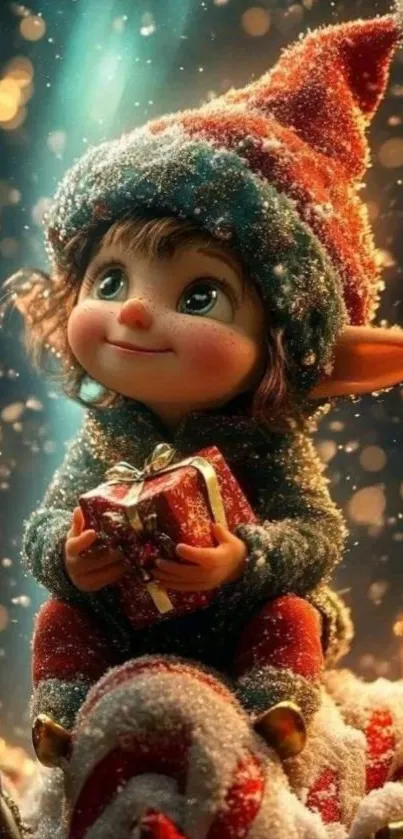 Adorable elf holding a gift with a festive background.