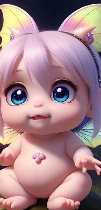 Adorable fairy baby with colorful wings and large eyes sitting in a magical forest.