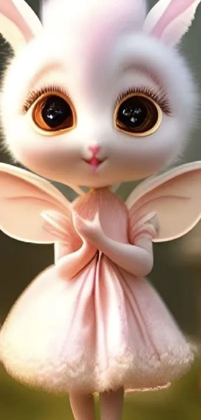 Cute fairy bunny with light pink wings and dress in a charming fantasy setting.