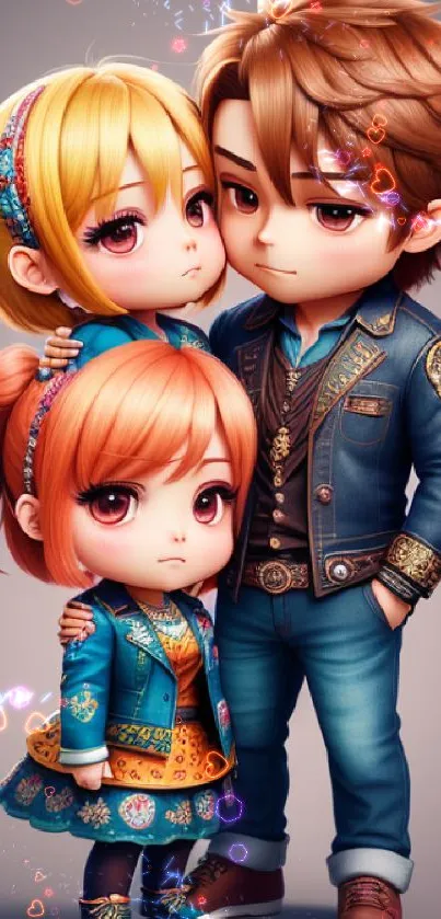 Adorable chibi family with stylish jeans outfits in digital artwork.