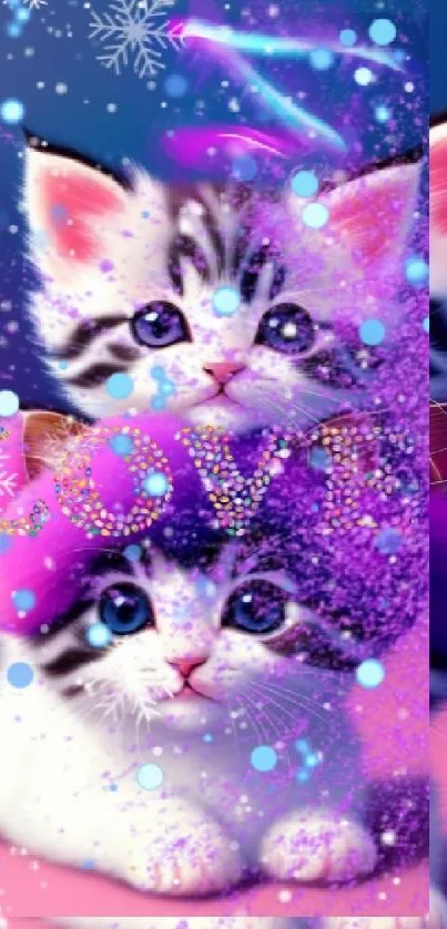 Two cute kittens with sparkles and purple hues in a fantasy-themed wallpaper.