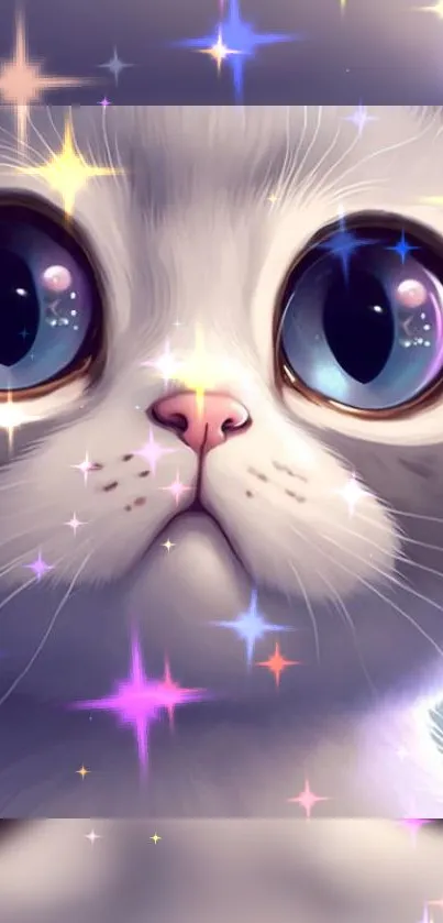 Fantasy cat wallpaper with sparkling eyes and colorful stars.