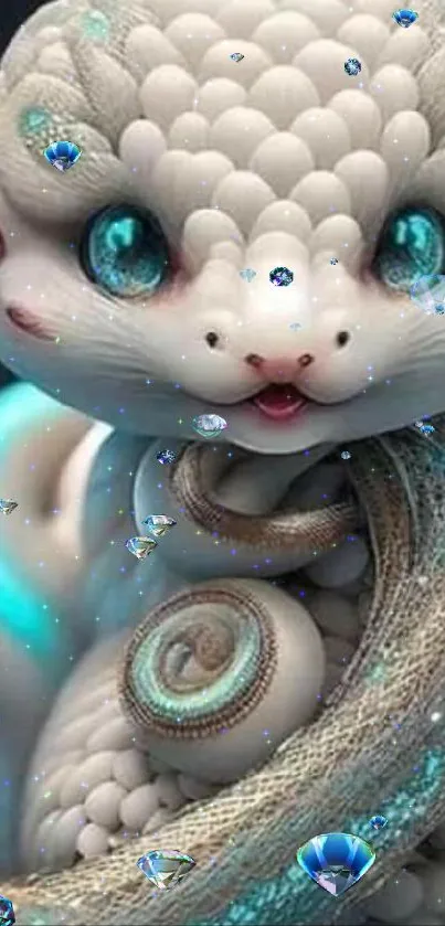 Adorable fantasy creature with turquoise eyes and intricate scales.