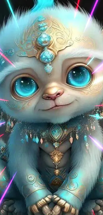 Adorable fantasy monkey with jewel adornments and bright blue eyes.