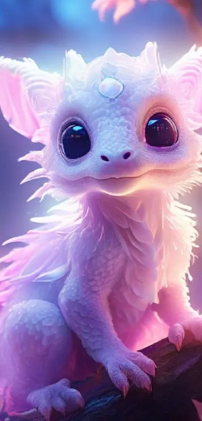 Adorable pink fantasy dragon in a magical forest setting.