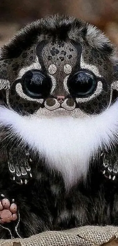 Adorable fantasy creature with fluffy fur and big eyes on a mobile wallpaper.