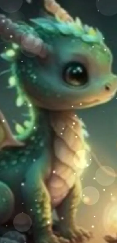 Cute dragon in a dreamy fantasy world with a glowing magical aura.