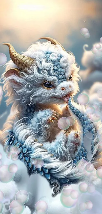 Adorable fluffy dragon surrounded by bubbles in a dreamy sky.