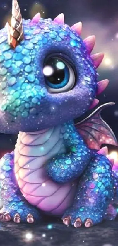 Adorable cartoon dragon with colorful scales and glowing eyes on a fantasy background.