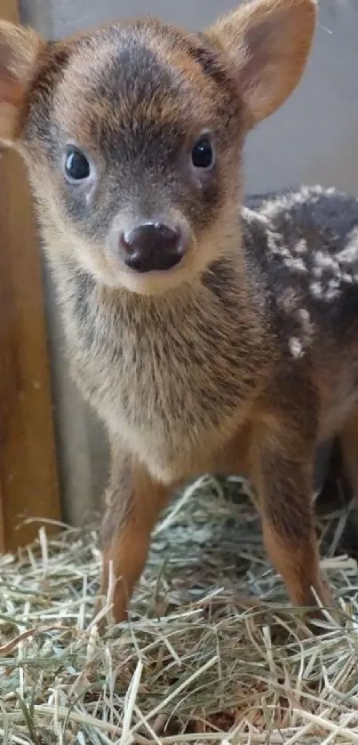 Close-up of an adorable fawn standing on hay.
