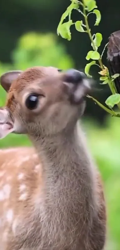 Cute deer nibbling on leaves in forest setting.