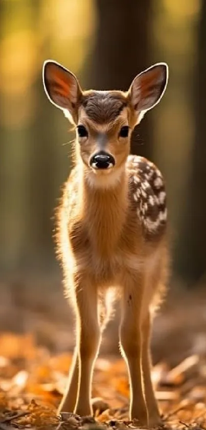 Cute fawn standing in sunlit autumn forest.