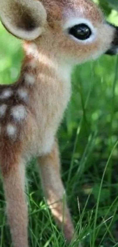 Adorable fawn standing in lush green field.