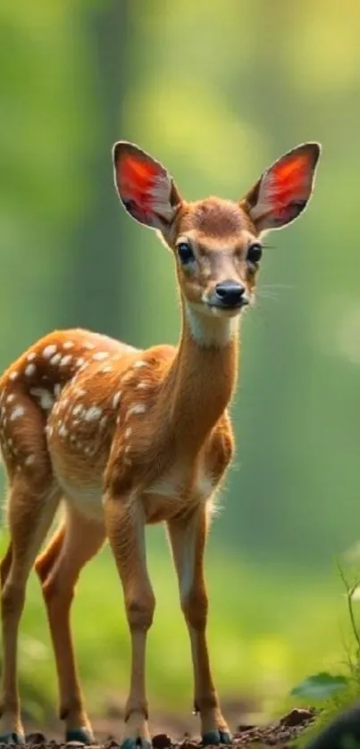 A cute fawn stands in a lush green forest.
