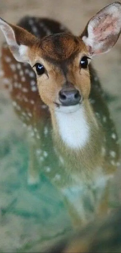 Adorable fawn with soft brown fur and spots looking upwards in a serene setting.