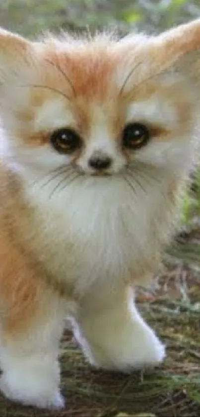 An adorable Fennec fox standing on grass with large ears and fluffy fur.