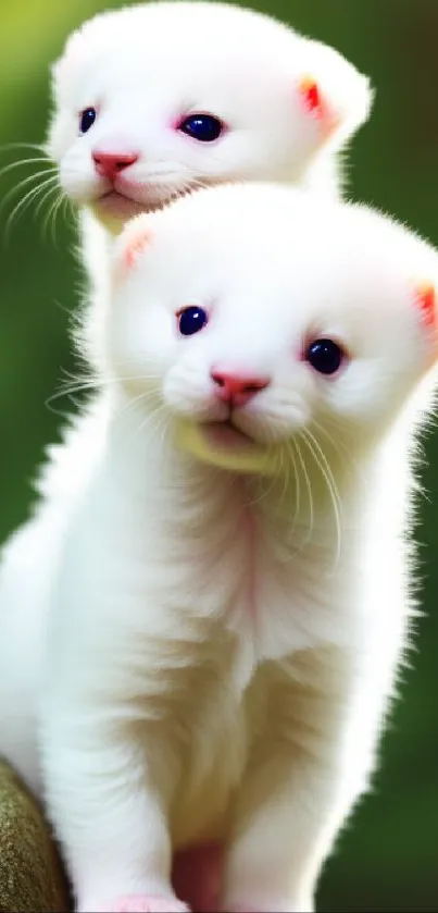 Two white ferrets on green background, cute mobile wallpaper.