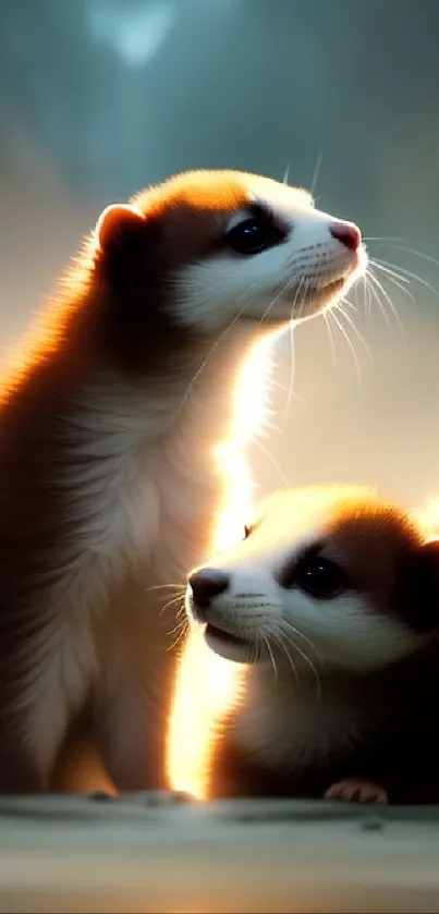 Two adorable ferrets in warm lighting on a mobile wallpaper.