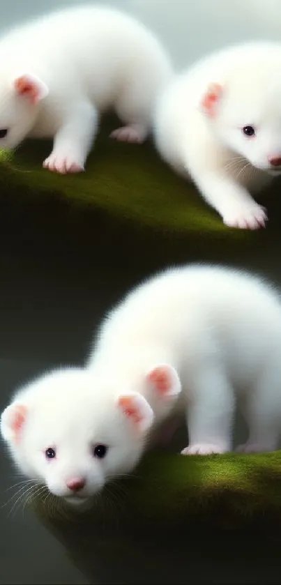 Cute white ferrets on a mossy branch in a serene forest setting.