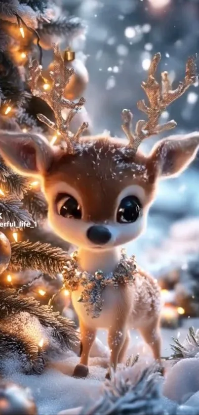 Adorable animated reindeer in a snowy, lit winter scene with festive decorations.