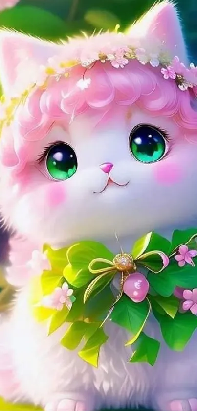 A fluffy white cat with pink flowers and green leaves in a cute wallpaper design.