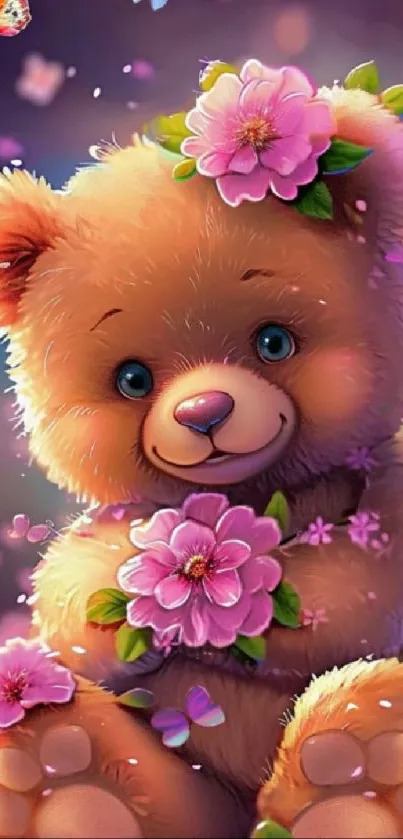 Cute teddy bear with pink flowers and butterflies in a whimsical design.