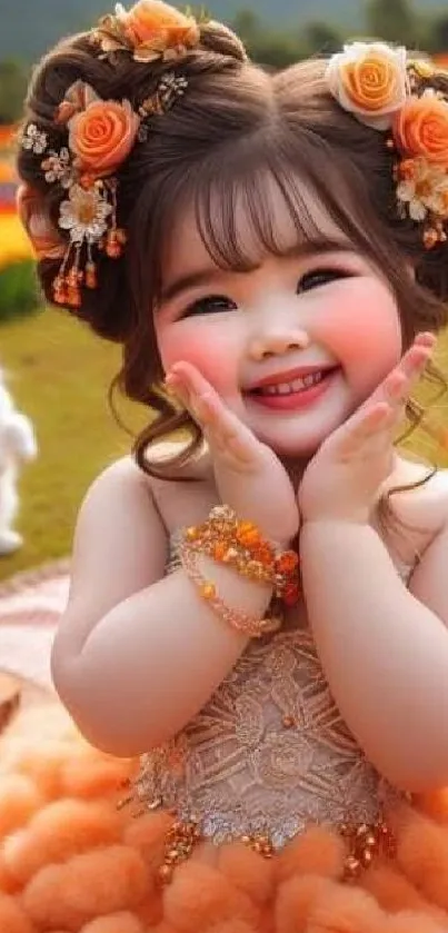 Cute child smiling with floral decor in bright orange dress.