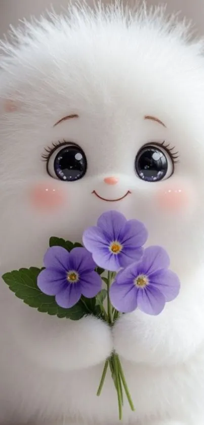 Adorable fluffy animal holding purple flowers