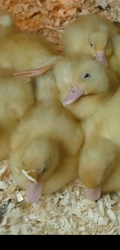 Adorable fluffy baby ducks resting together on soft bedding.