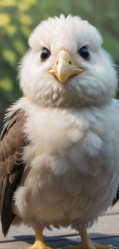 Adorable fluffy bird on a wooden deck with lush green background.