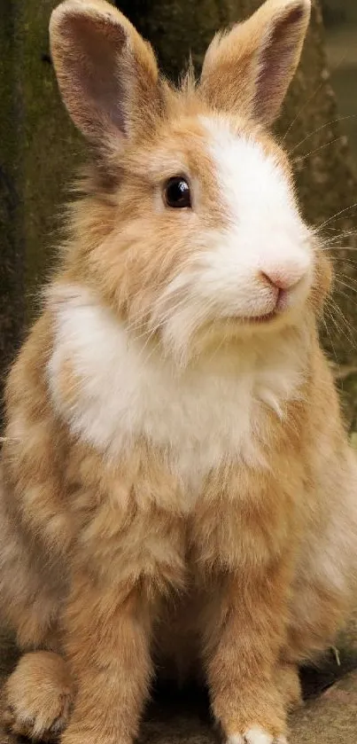 Fluffy brown and white bunny sitting on the ground in a peaceful setting.