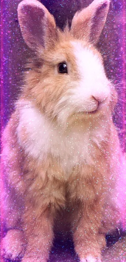 Adorable fluffy brown and white bunny sitting with ears perked up.