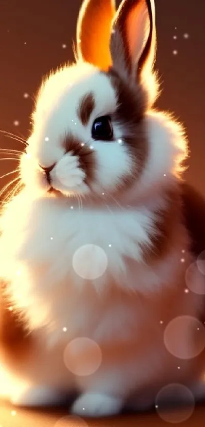 Adorable fluffy brown and white bunny in warm lighting.