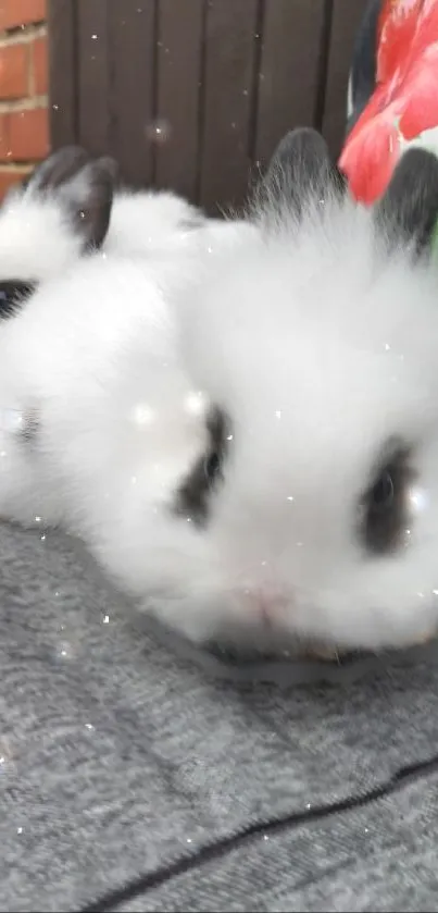 Adorable fluffy bunny with sparkling accents in a white and soft background.