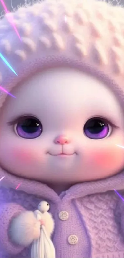 Adorable fluffy bunny in a lavender knitted outfit with a pastel background.