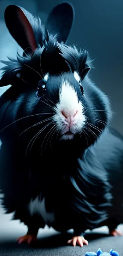 Adorable black fluffy bunny with blue background on mobile wallpaper.