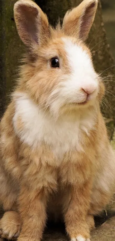 Adorable fluffy bunny with brown fur sitting on a natural background.