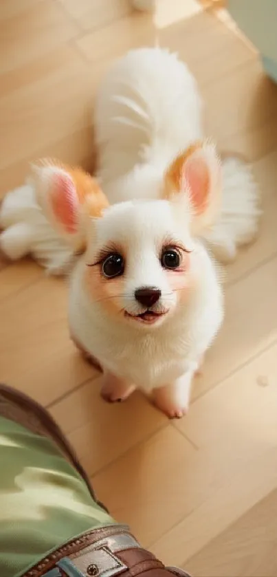 Adorable fluffy cartoon dog looking up with wide bright eyes.