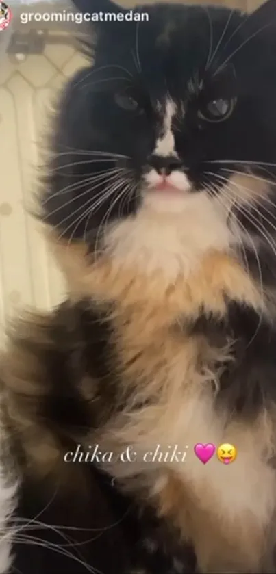 Close-up of a fluffy multicolored cat.