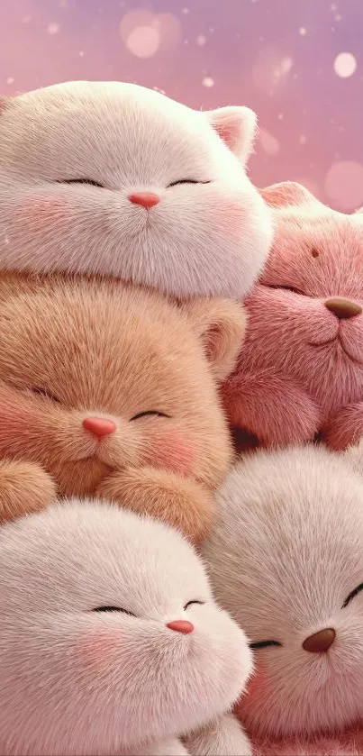 Adorable stacked fluffy cats on a pink background wallpaper.