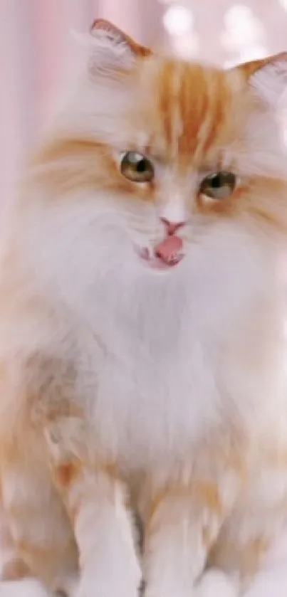 Fluffy orange and white cat on a soft, pink background.