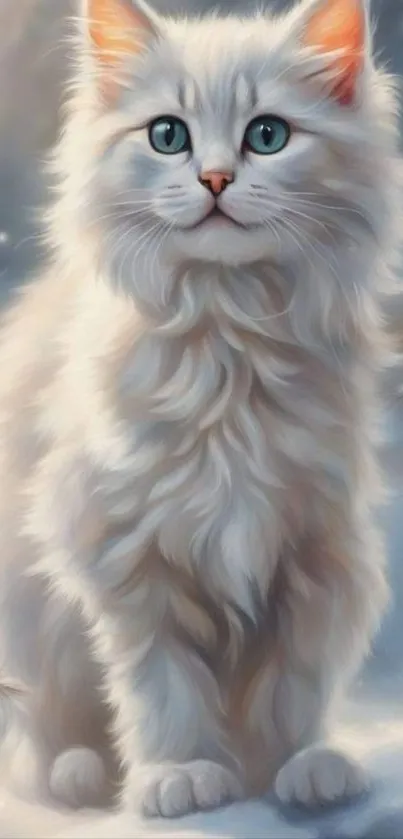 White fluffy cat with blue eyes in snow