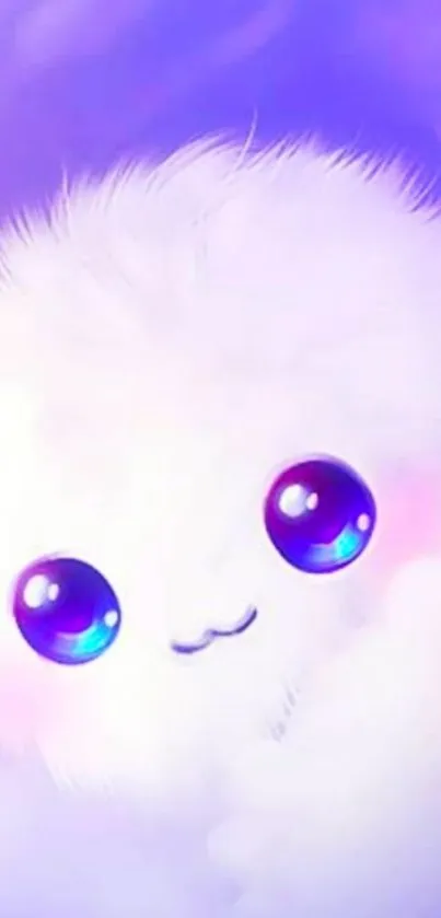 Adorable fluffy character with big eyes on a light purple background.