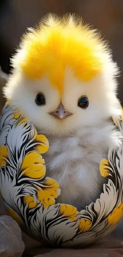 Adorable fluffy chick in a decorated egg shell in vibrant yellow hues.