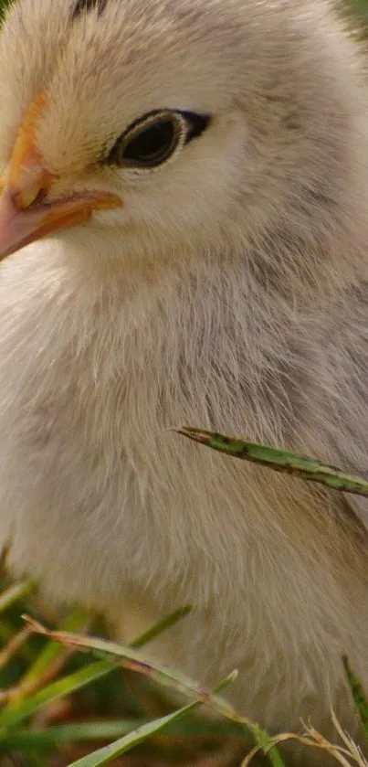 Close-up of a fluffy chick standing in green grass.